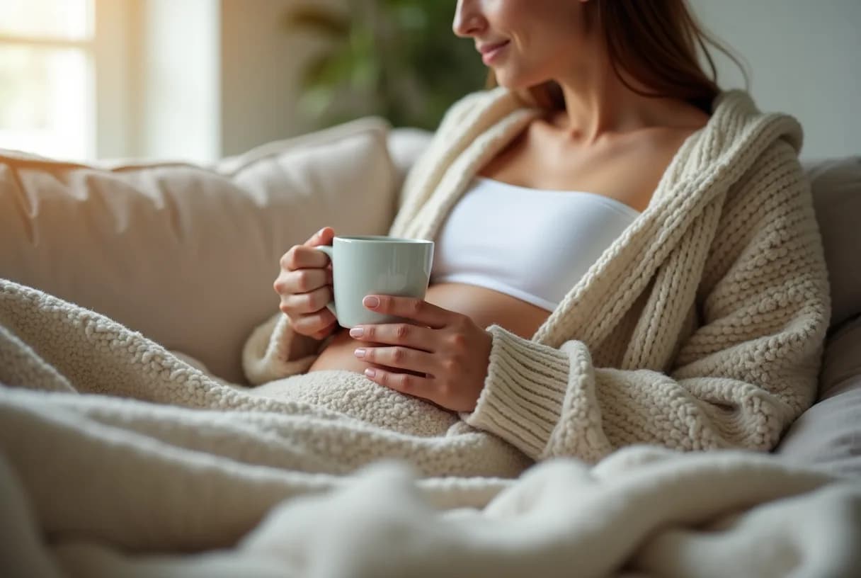 A woman resting on a bed holding a hot-water bottle against her lower abdomen, suggesting menstrual discomfort.