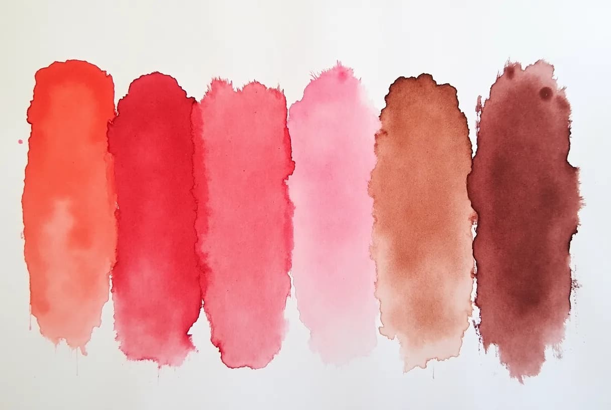 Overhead view of watercolor swatches ranging from pale pink through bright red to dark brown and grey on white paper.