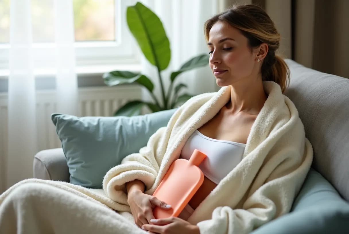 A woman in her forties wrapped in a blanket on a sofa, holding a hot water bottle against her lower abdomen, eyes closed, morning light through a window