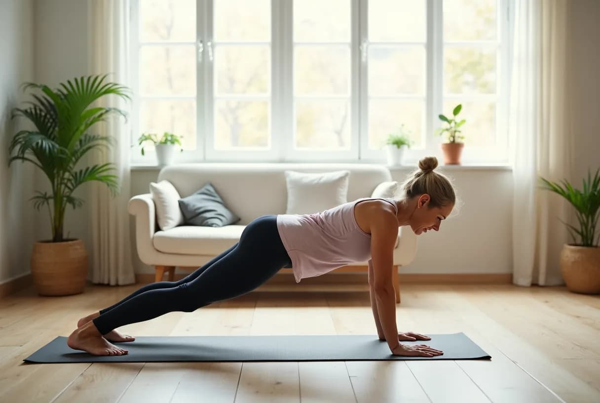 A woman in her 50s in activewear doing a supported glute-bridge exercise on a yoga mat in a bright, calm living room.