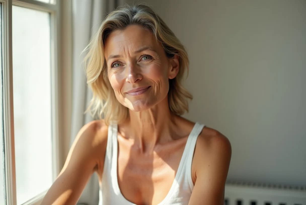 Close-up of a midlife woman's face showing persistent redness across the cheeks and nose in soft natural light