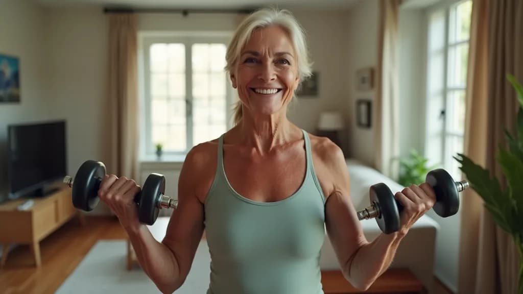 A woman in her fifties lifting a pair of dumbbells during a strength-training session at home