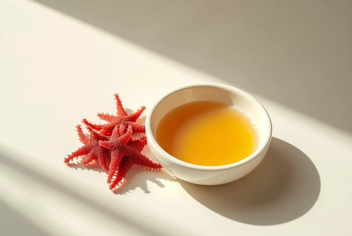 A bowl of soaked golden sea moss and a jar of sea moss gel on a kitchen counter, with a small pile of dried sea moss beside them.