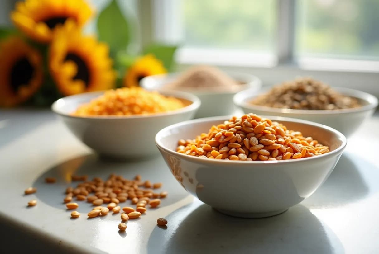 Four small glass bowls holding ground flaxseed, green pumpkin seeds, pale sesame seeds and striped sunflower seeds on a light wooden surface