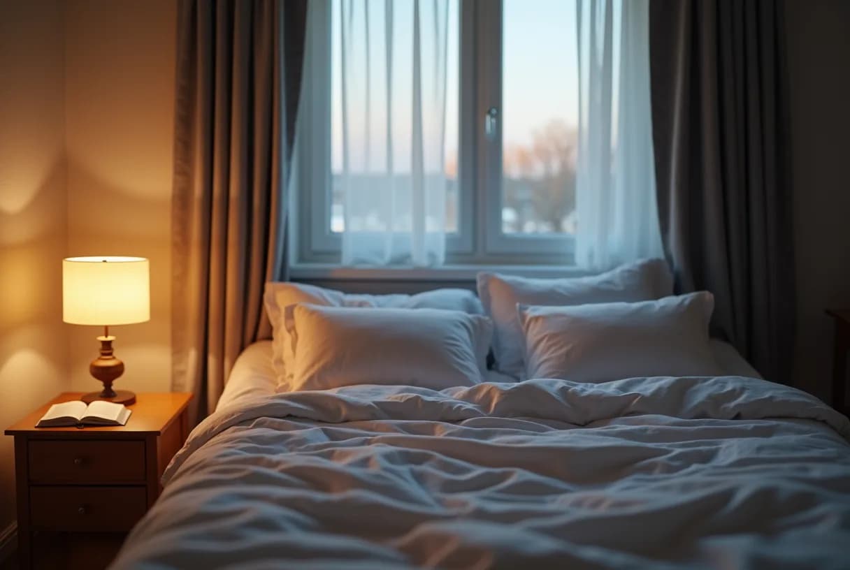 A cool, dimly lit bedroom at night with a made bed, layered light bedding turned back, a small fan on the nightstand and curtains slightly open to early daylight.