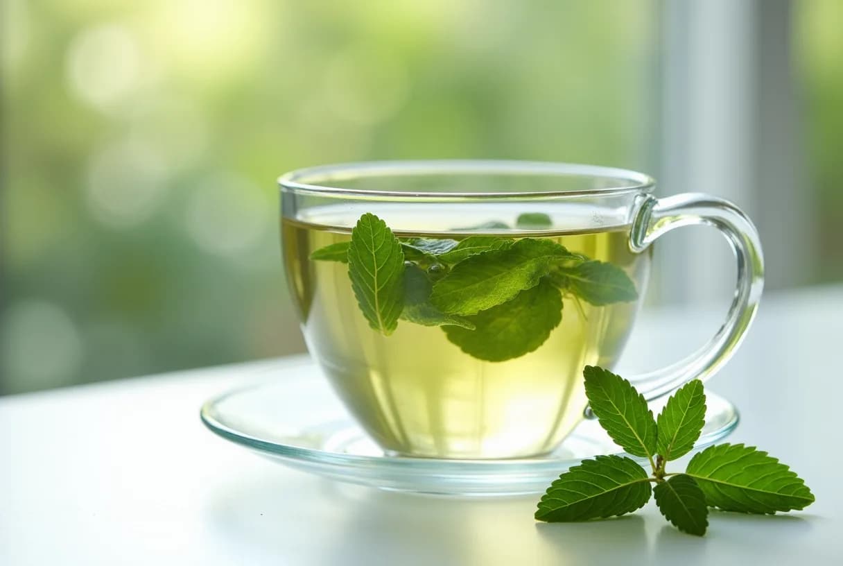 A glass cup of freshly brewed spearmint tea with green mint leaves on a light kitchen counter