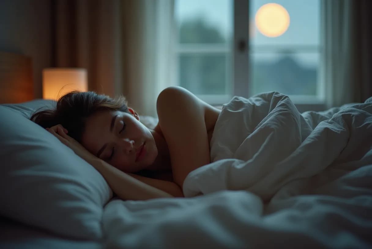 A woman in her fifties asleep on her side in a dim, cool bedroom, with a bedside lamp switched off and a glass of water on the nightstand