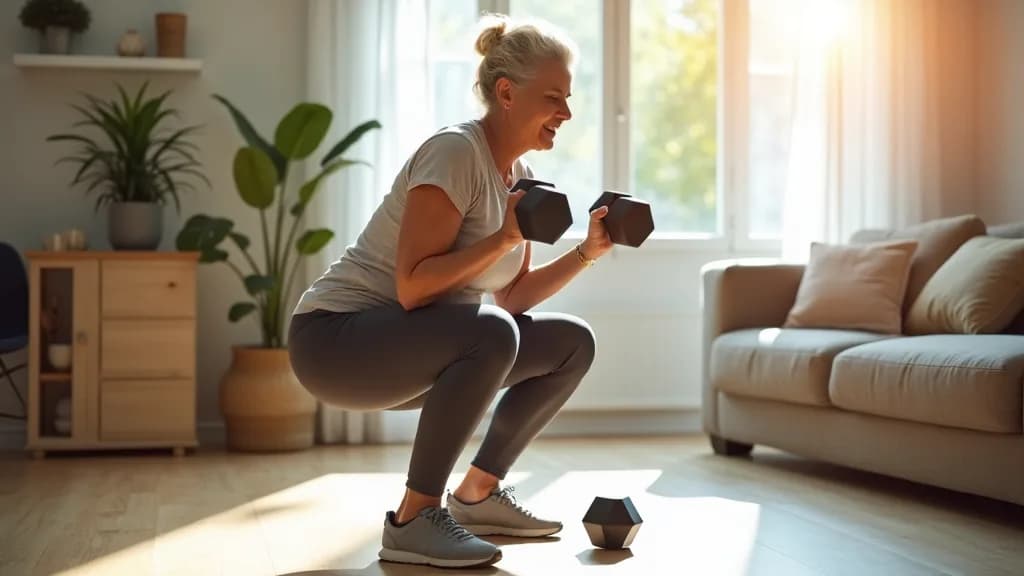 A woman in her fifties performing a controlled dumbbell squat in a bright home setting