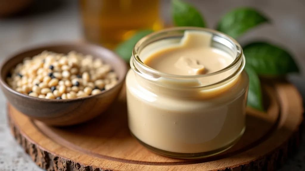 An open jar of creamy tahini beside a small bowl of pale and black sesame seeds on a wooden board
