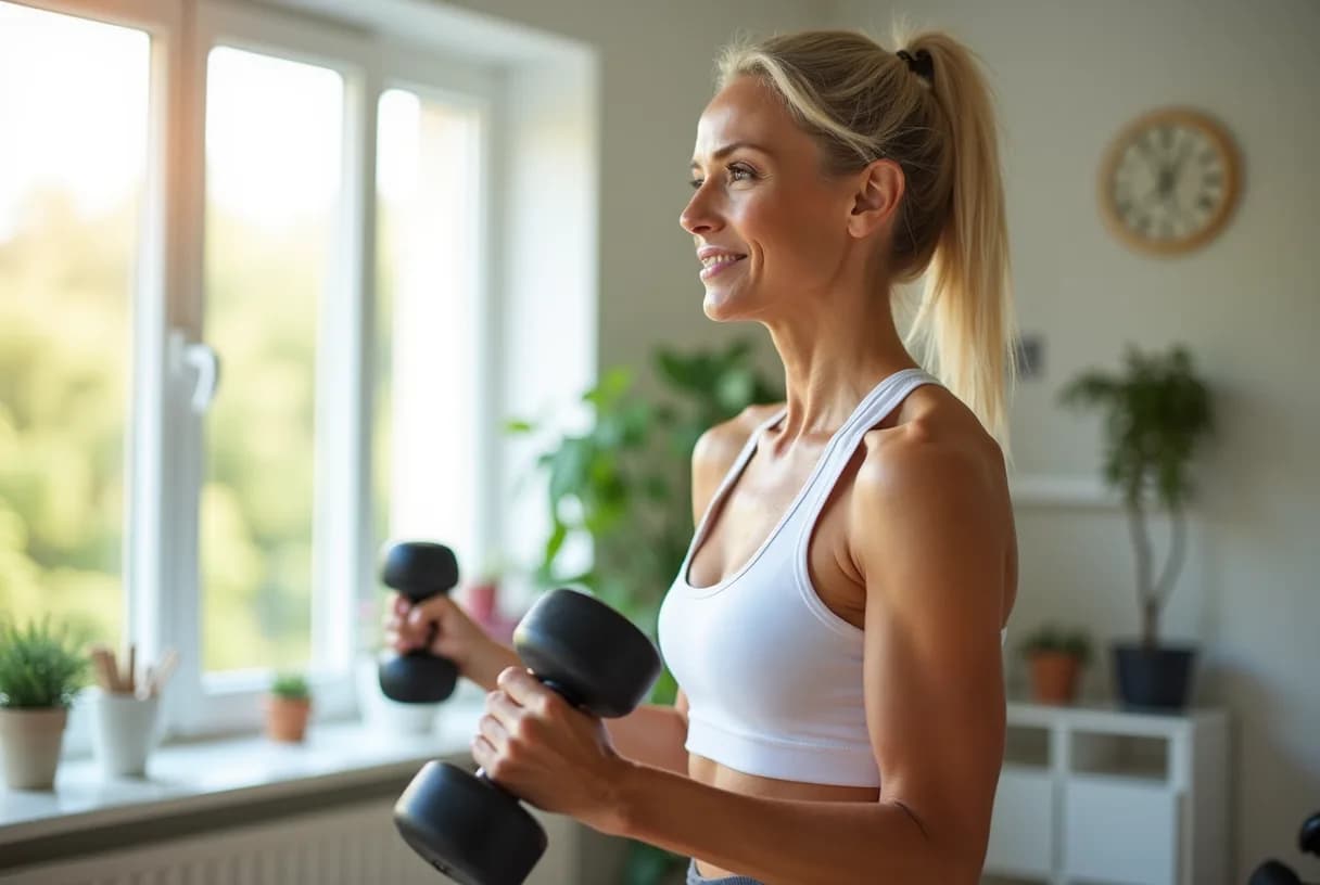 A woman in her late 40s lifting a dumbbell during a strength-training session in a bright home gym