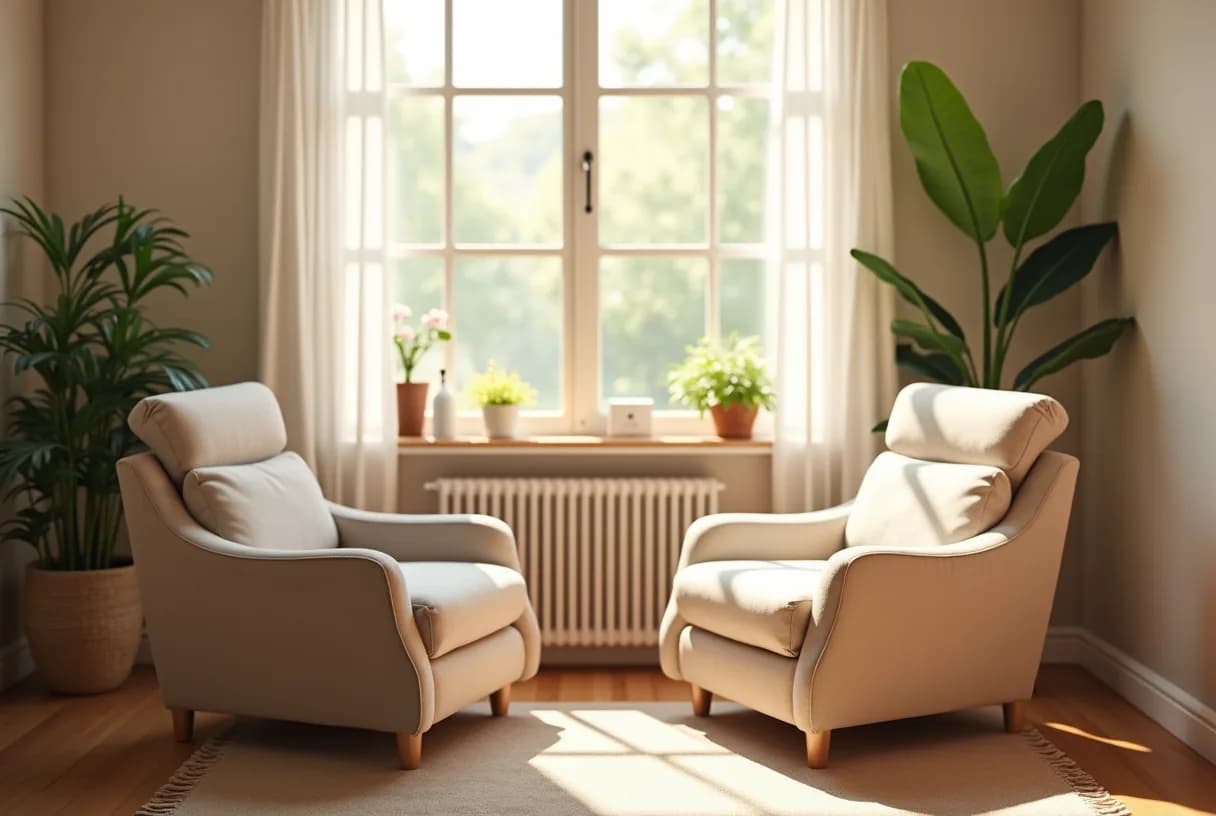 A woman in her fifties sitting in an armchair across from a therapist in a bright, plainly furnished office, both mid-conversation with notebooks nearby.