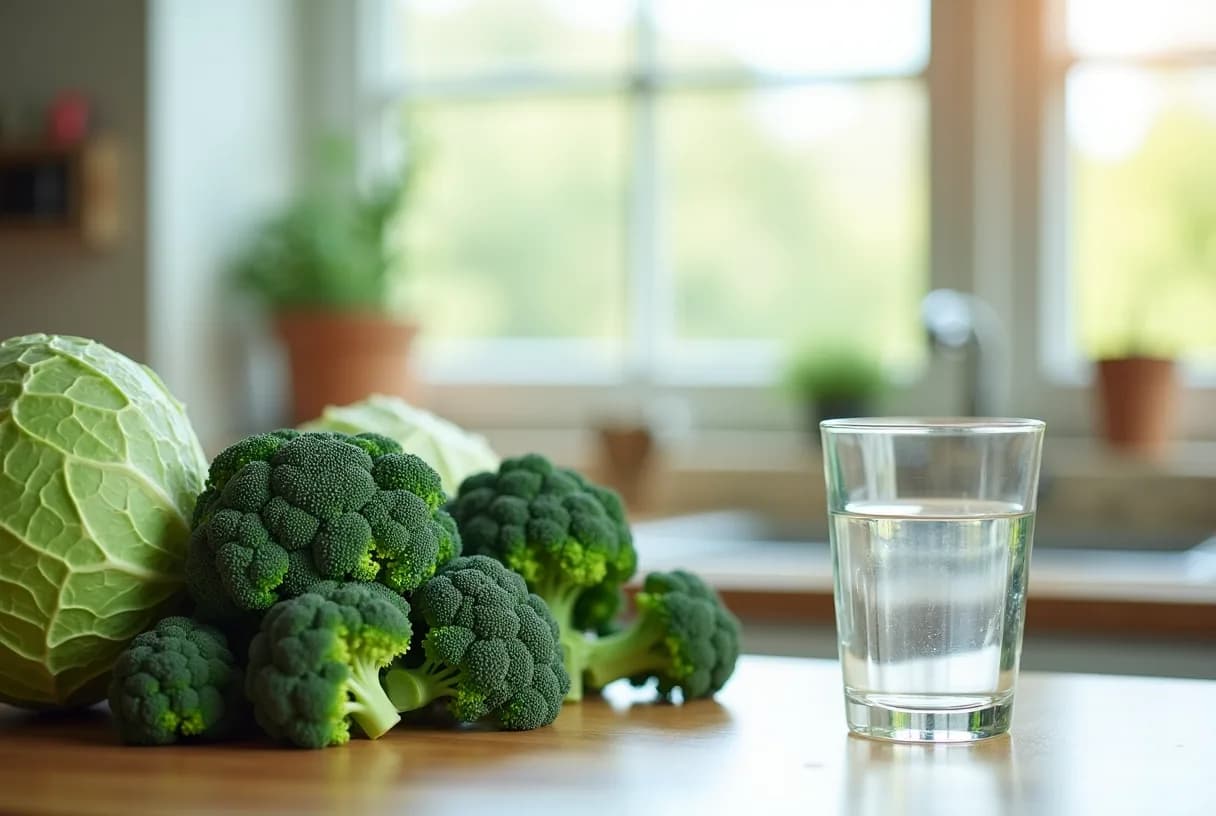 Kitchen counter with fresh broccoli, kale and cabbage beside a glass of water and a coffee cup, morning light