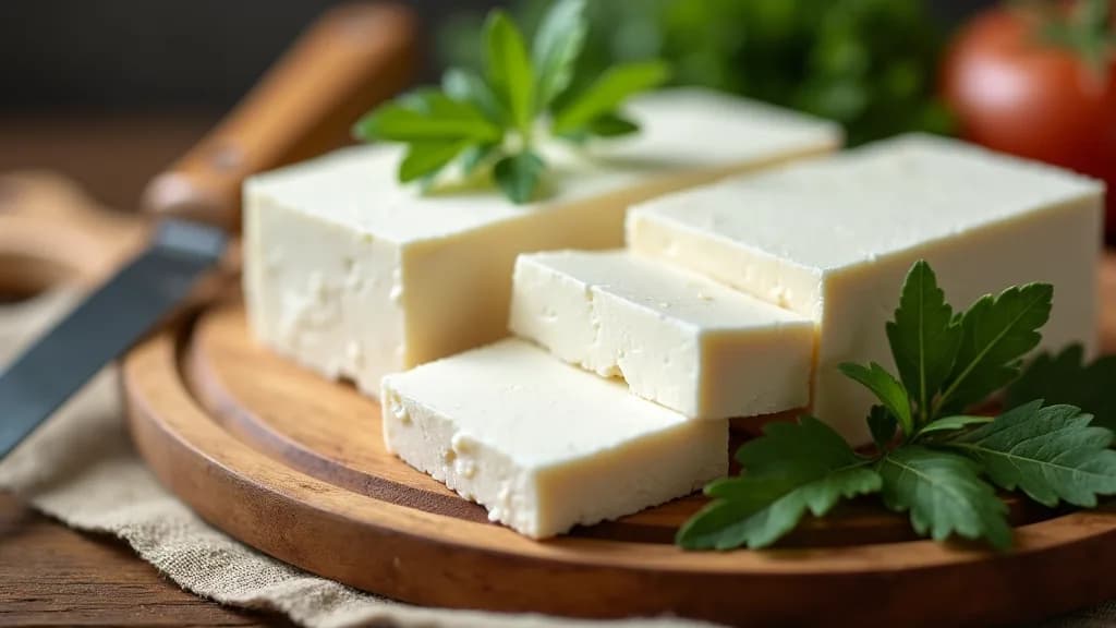 Blocks of fresh white tofu on a wooden board beside herbs and a knife