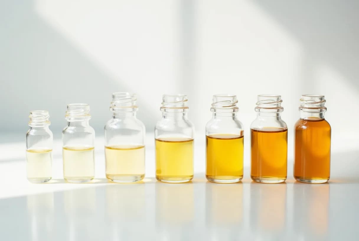 A row of clear glass sample cups on a pale countertop, filled with liquids shading from water-clear through pale straw and yellow to deep amber, lit by soft daylight.
