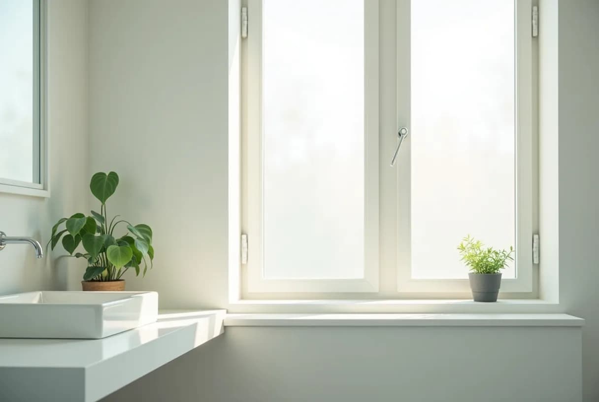 A glass of water on a bathroom counter beside a running tap in soft daylight, with a woman's hand resting on the basin