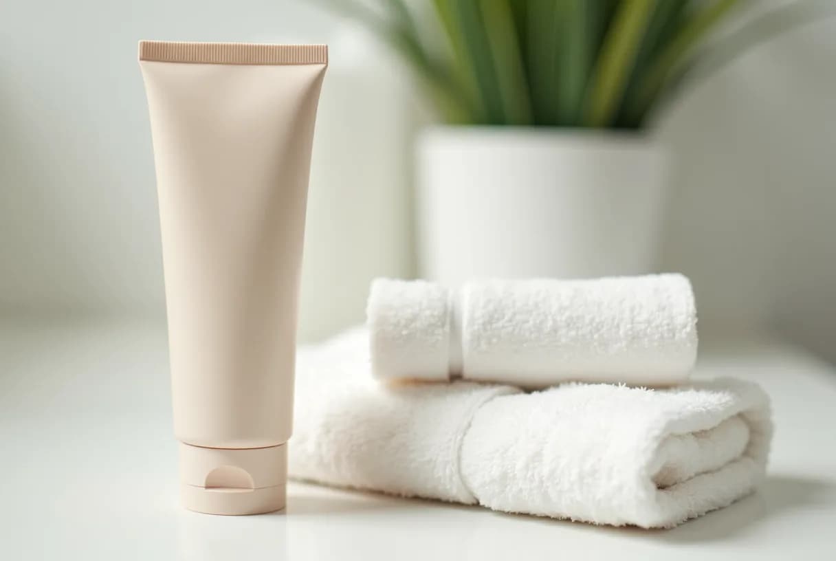 A woman in her fifties standing in a softly lit bathroom holding a plain unlabeled tube, looking calm and unhurried.