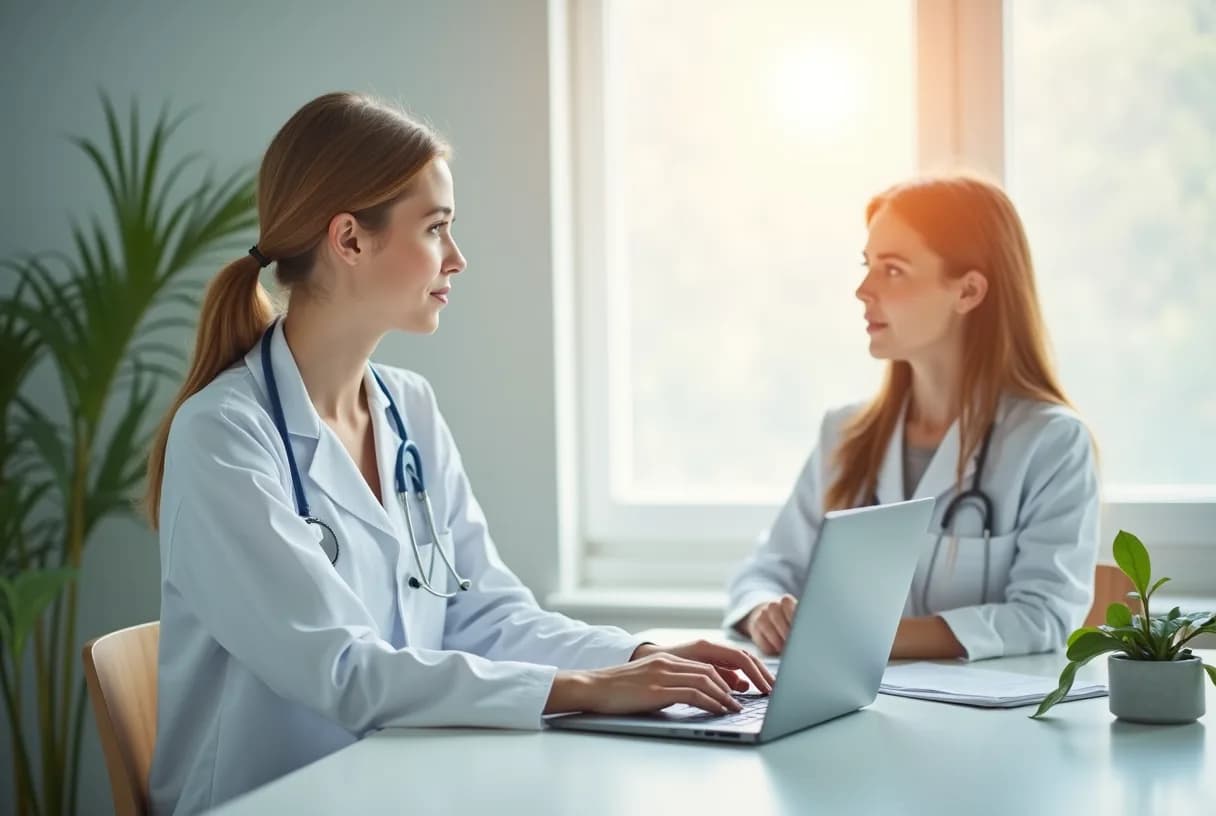 A woman in her fifties sitting in a bright consultation room, talking calmly with her gynecologist, both seated and unhurried.