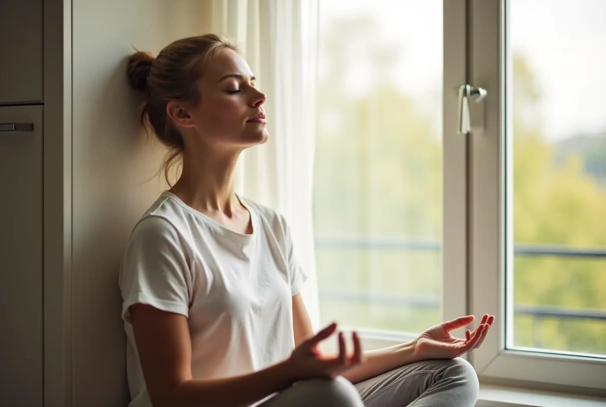 A woman in her late 40s sitting calmly by a window with her eyes closed and one hand resting on her chest, taking a slow breath