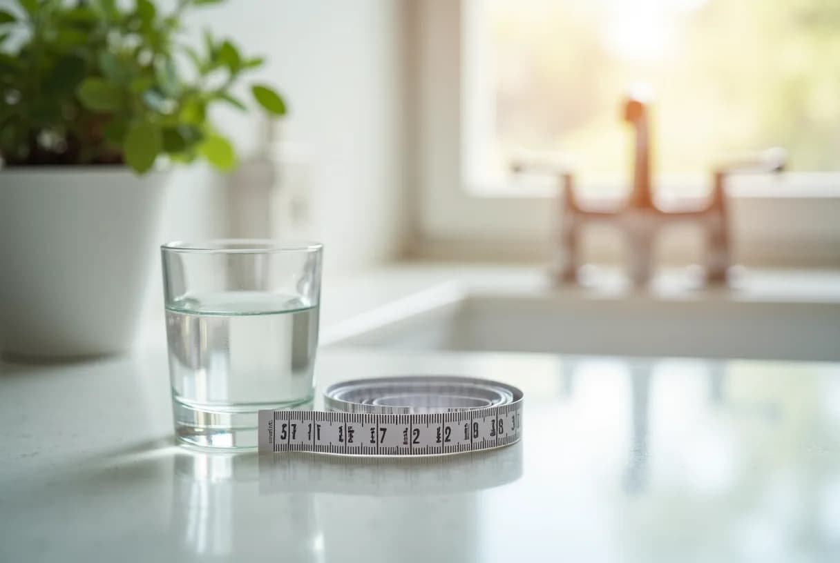 A woman in her early 50s measuring her waist with a cloth tape measure in a bright kitchen