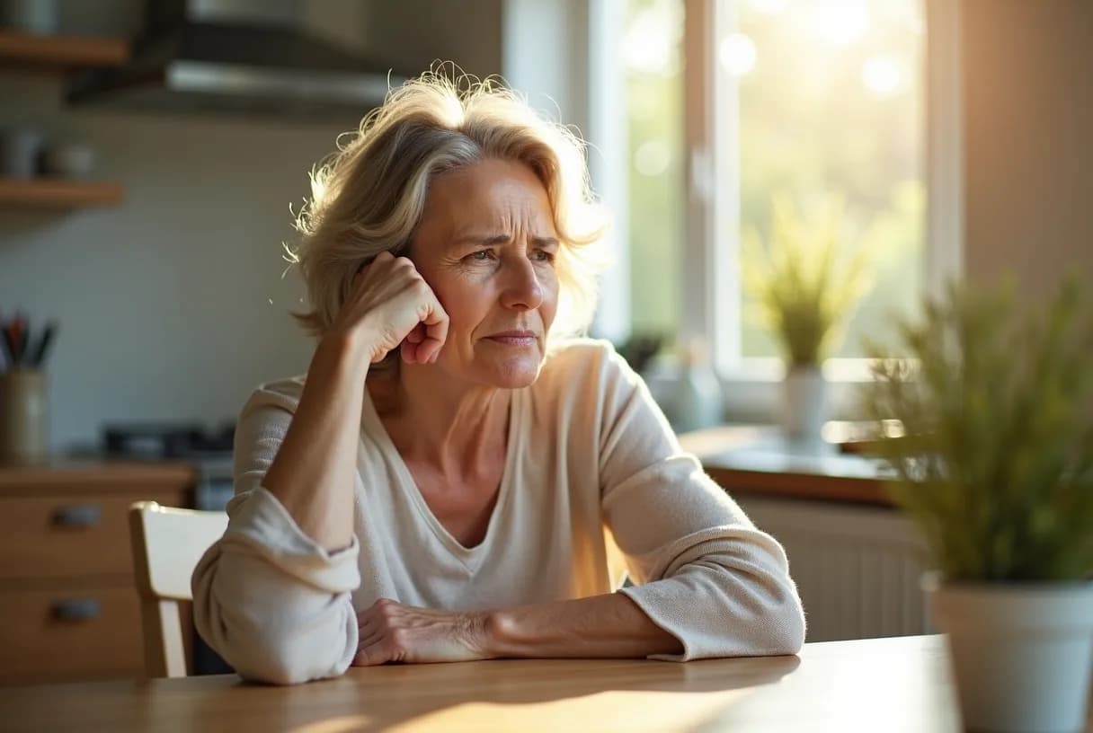A woman in her fifties resting her chin on her hand at a kitchen table, looking tired and unfocused in soft morning light.