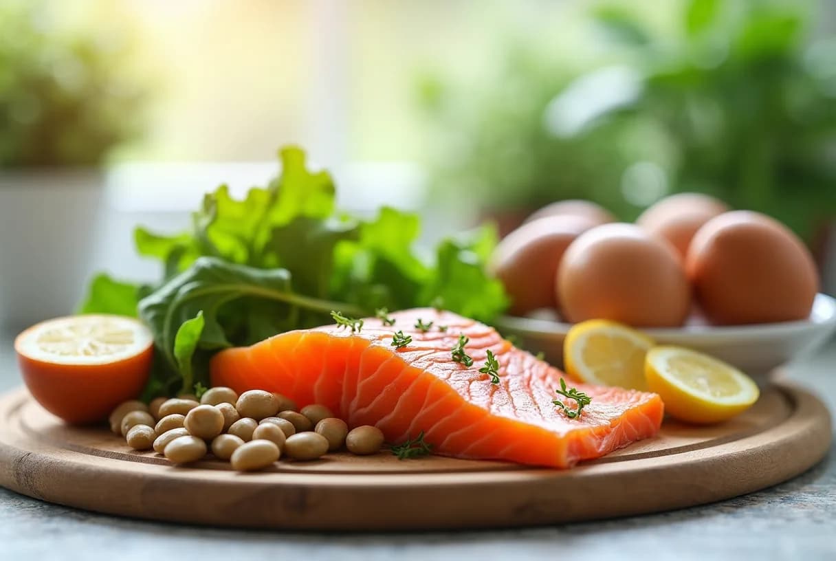 An overhead flat-lay of foods rich in B vitamins, including salmon, eggs, chicken, chickpeas, bananas, and leafy greens, arranged on a light kitchen surface.