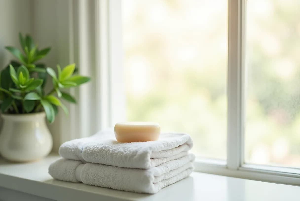 A woman sitting calmly on the edge of a bed in soft natural morning light, resting one hand on her thigh.