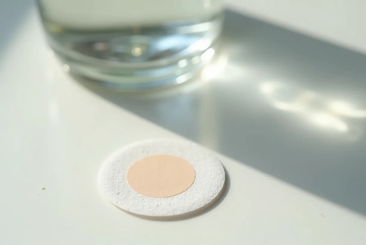 A collection of adhesive slimming and detox patches on a plain surface next to their retail packaging