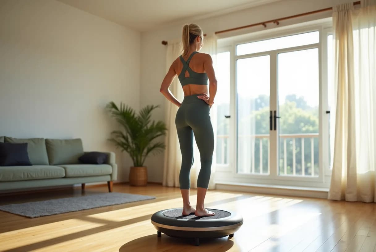 A woman in her 50s standing with soft, bent knees on a vibration platform in a bright home exercise space.