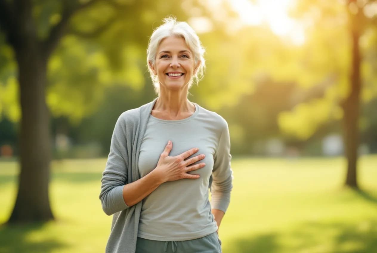 A woman in her 50s walking outdoors, hand resting over her heart