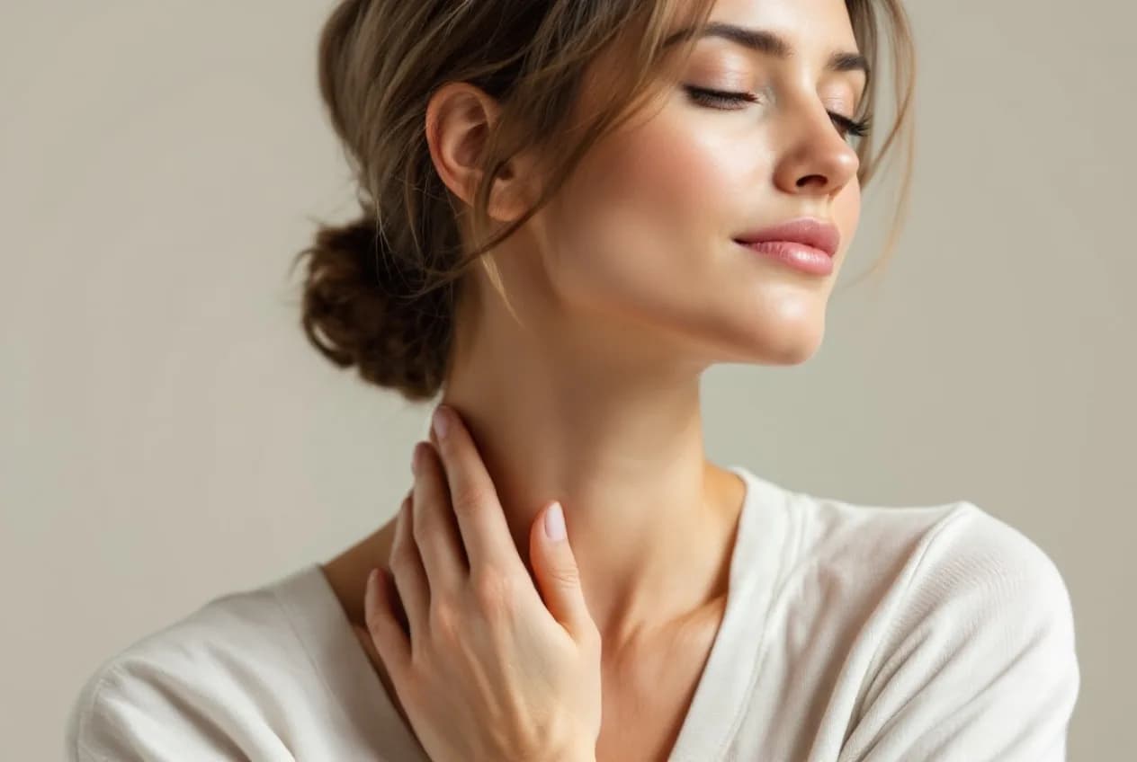 A woman in her 40s resting a hand at the base of her neck, calm expression