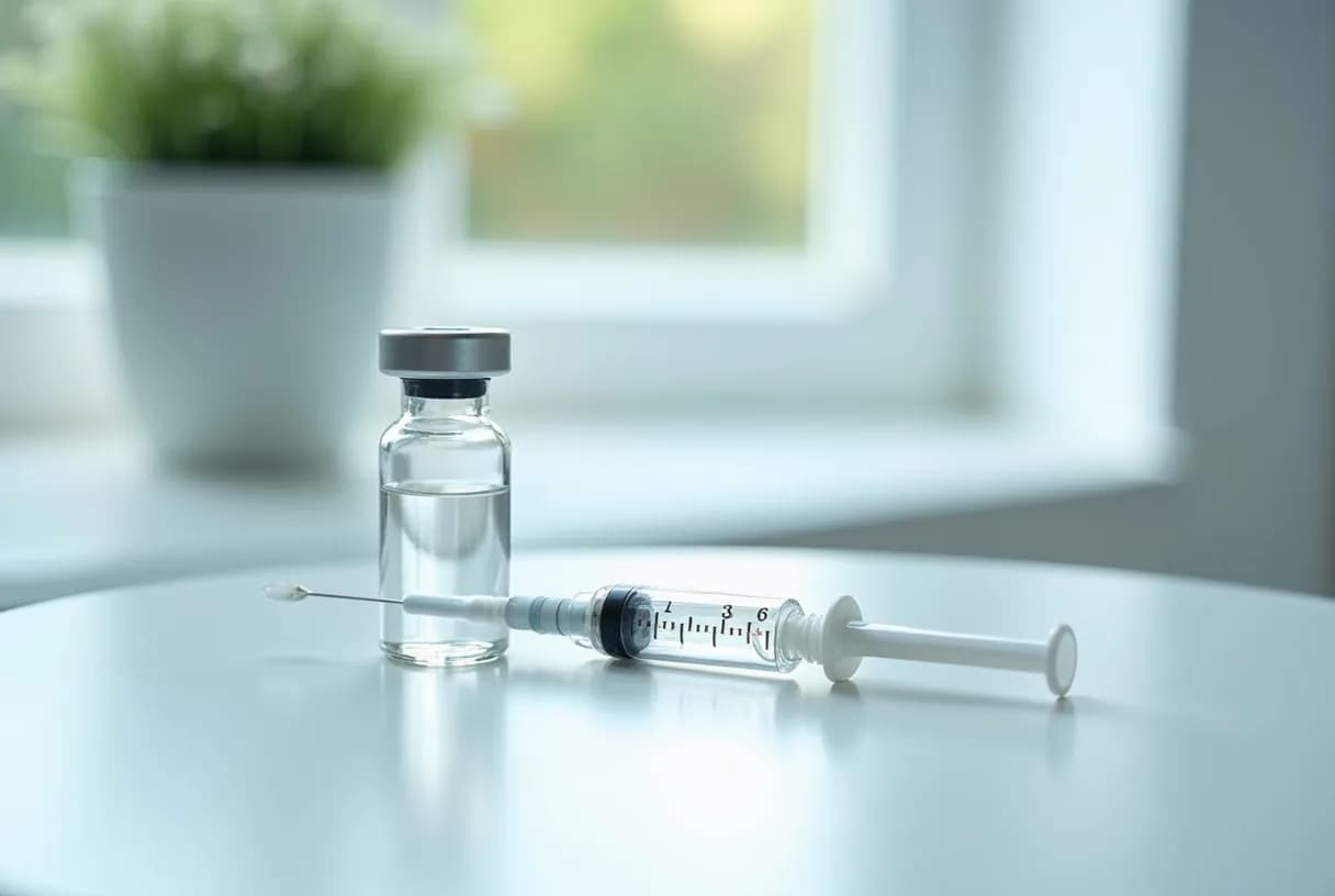A single-dose vial, a syringe and a prefilled injection pen laid side by side on a plain surface beside a weekly calendar