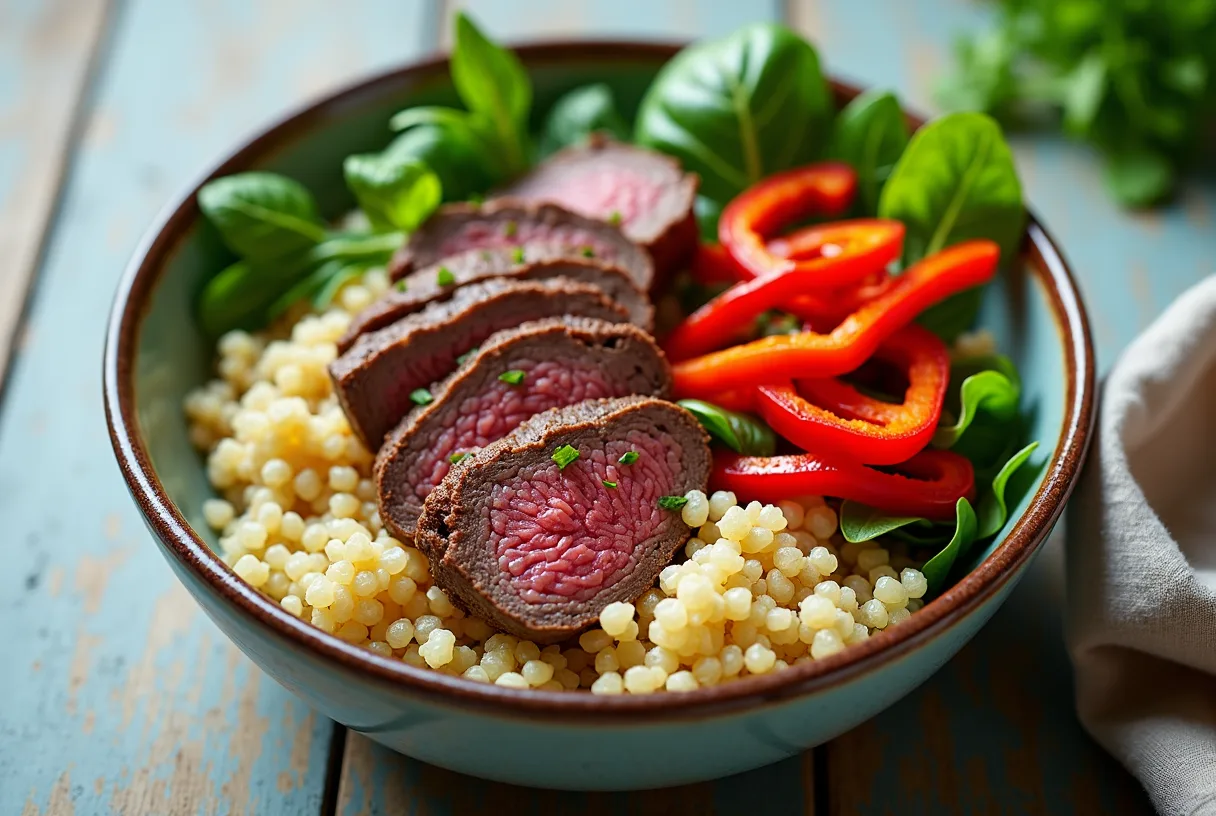 A shallow bowl of fluffy quinoa topped with thinly sliced seared beef, sauteed red bell pepper strips, wilted spinach, and a scatter of fresh cilantro with a lemon wedge on the side.