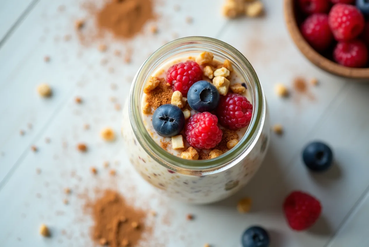 Overnight oats in a glass jar topped with fresh mixed berries and walnuts