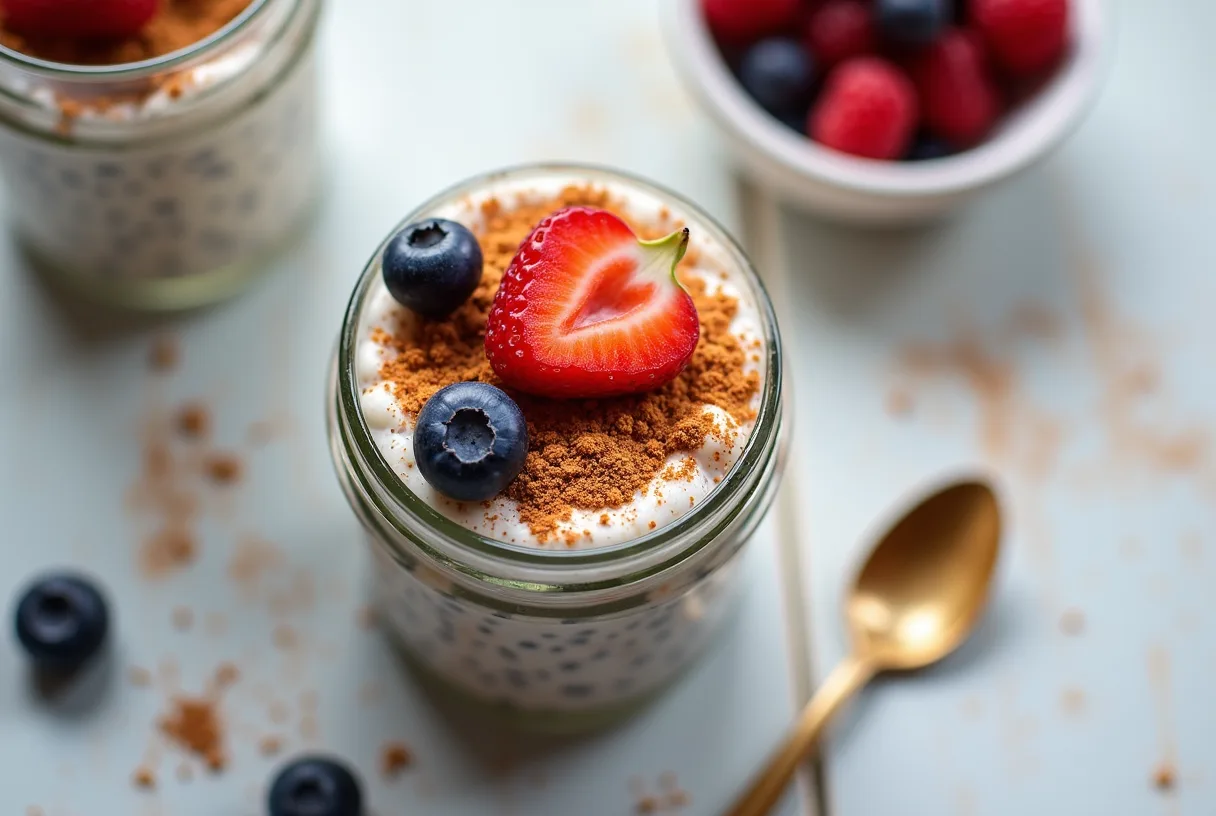 Two clear glasses of thick cinnamon chia pudding topped with fresh blueberries, raspberries, and sliced almonds on a light surface
