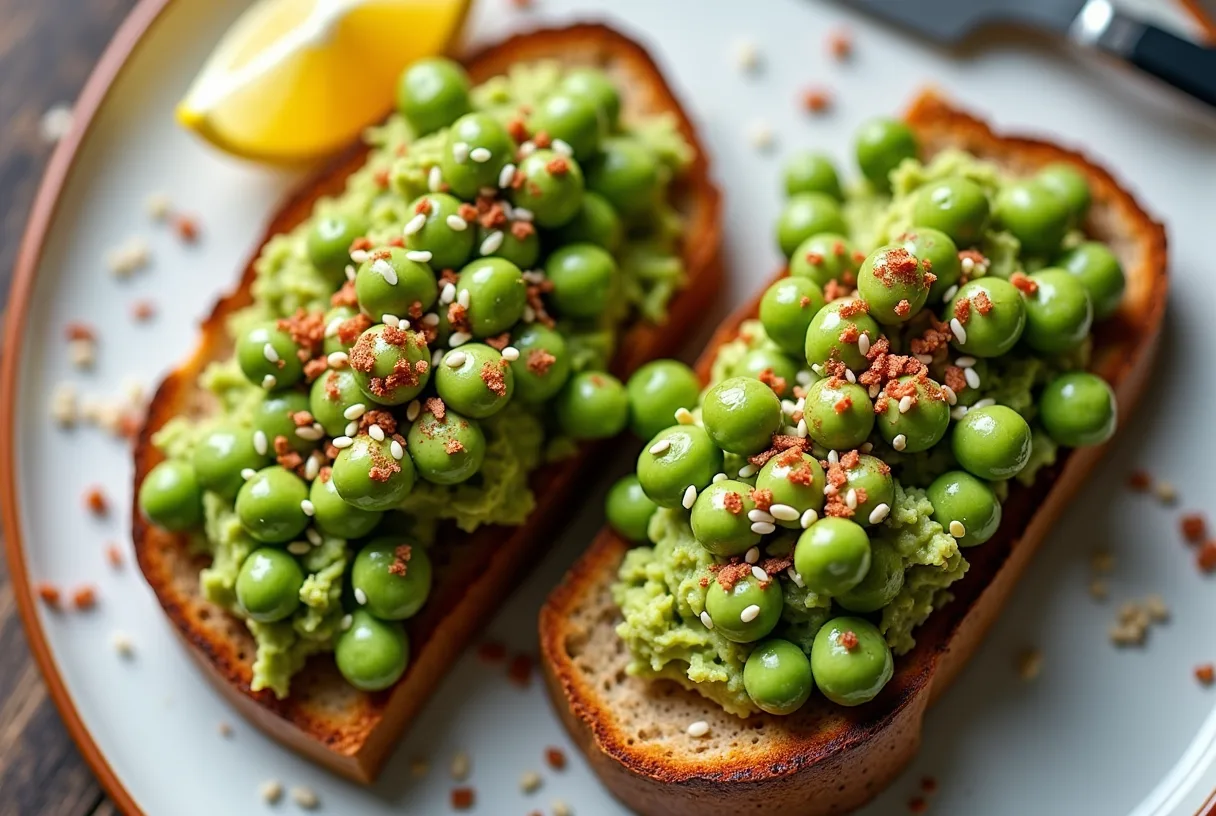 Two slices of golden whole-grain toast topped with a chunky green mash of edamame and avocado, scattered with hemp hearts, pumpkin seeds, lemon zest, and red pepper flakes on a light plate.