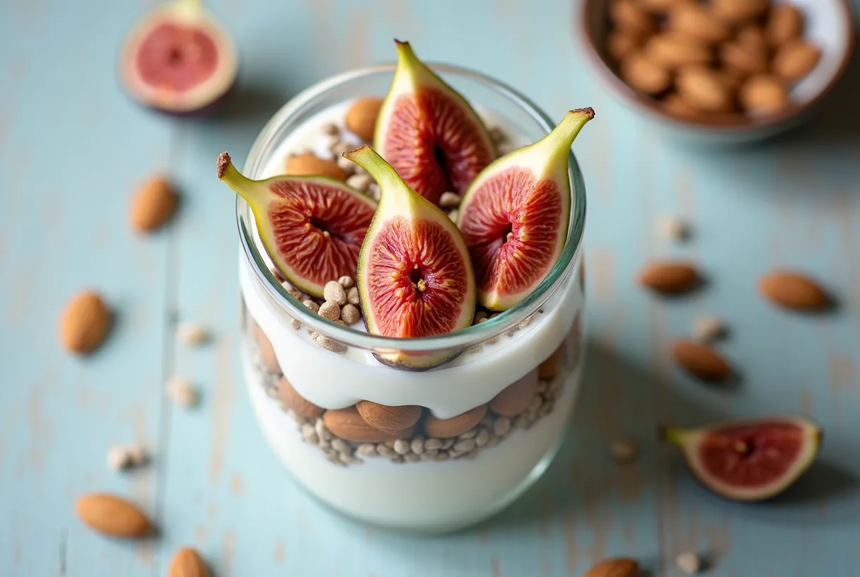A glass jar layered with thick white yogurt, chopped purple figs, sliced toasted almonds, and dark chia seeds, finished with a light drizzle of honey.