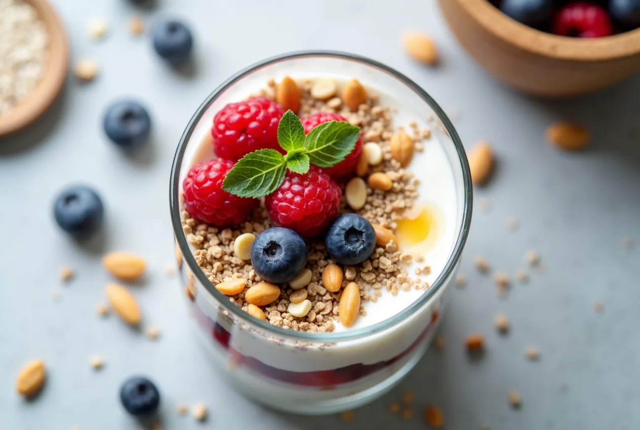 A Greek yogurt parfait layered with berries, flaxseed and chopped nuts in a glass