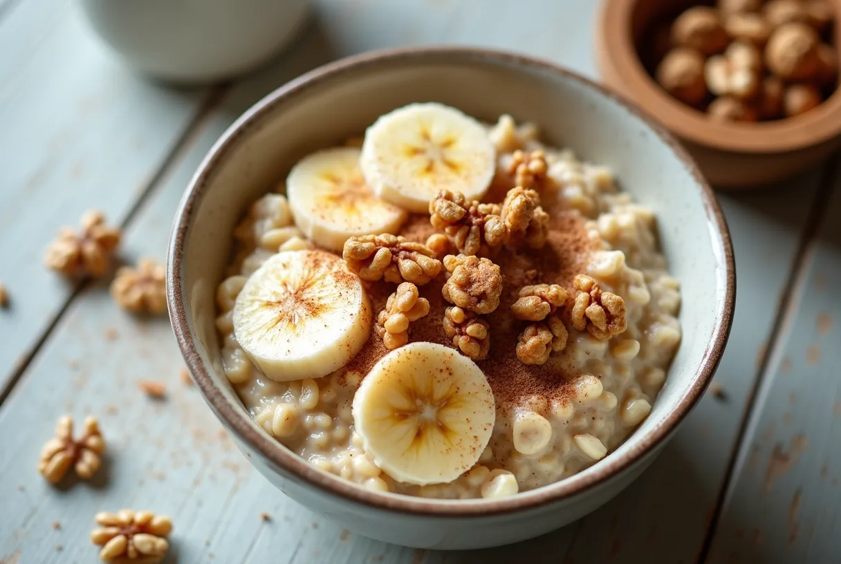 A warm bowl of creamy oatmeal topped with sliced banana, chopped walnuts, a sprinkle of cinnamon, and a few blueberries, set on a light wooden table with a spoon resting beside it.