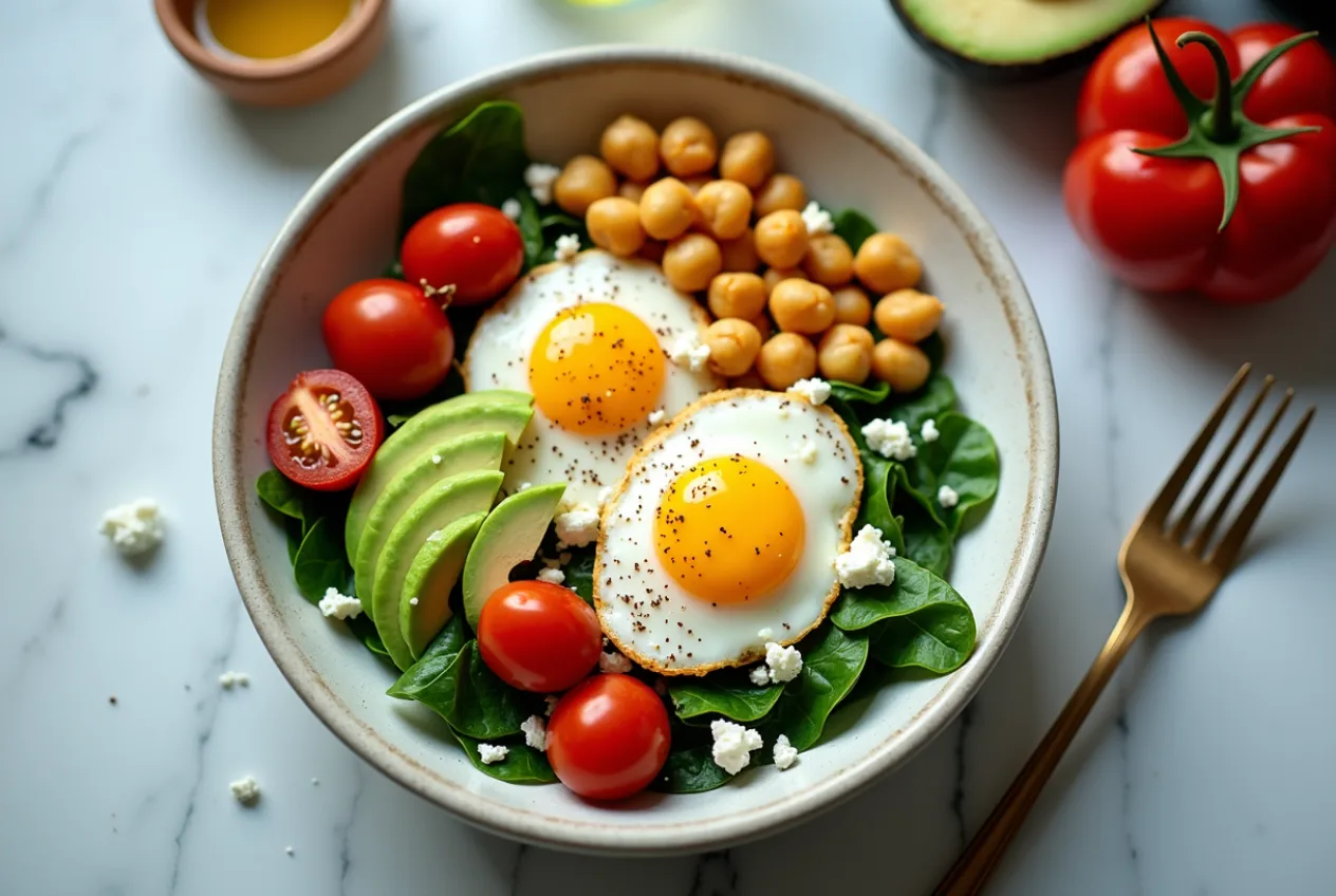 A Mediterranean breakfast bowl with fried eggs, chickpeas, spinach, cherry tomatoes, avocado and feta