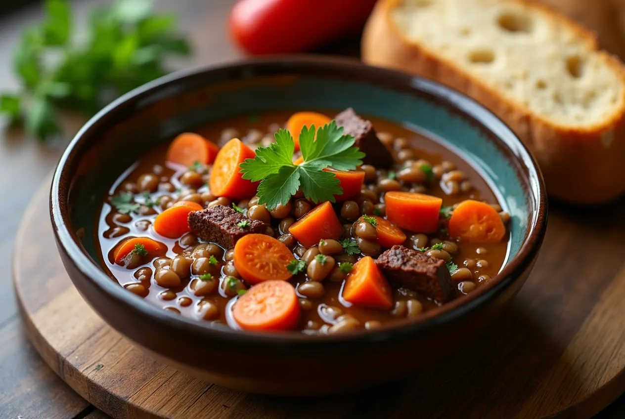 A rustic bowl of lentil and beef stew with carrots and parsley, bread on the side