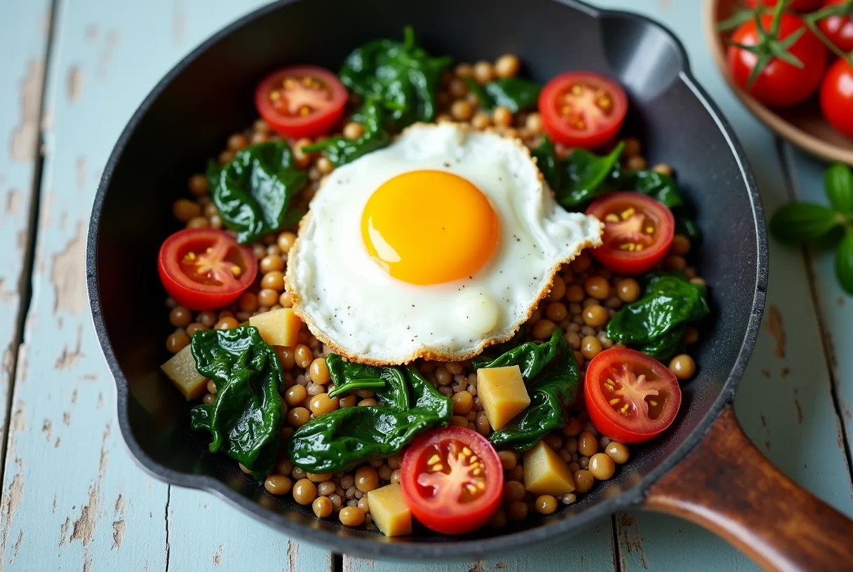 A cast-iron skillet holding a breakfast hash of golden crisped potato cubes, brown lentils, and wilted spinach with two sunny-side-up eggs nestled on top, scattered with halved cherry tomatoes, with a lemon wedge resting on the side.