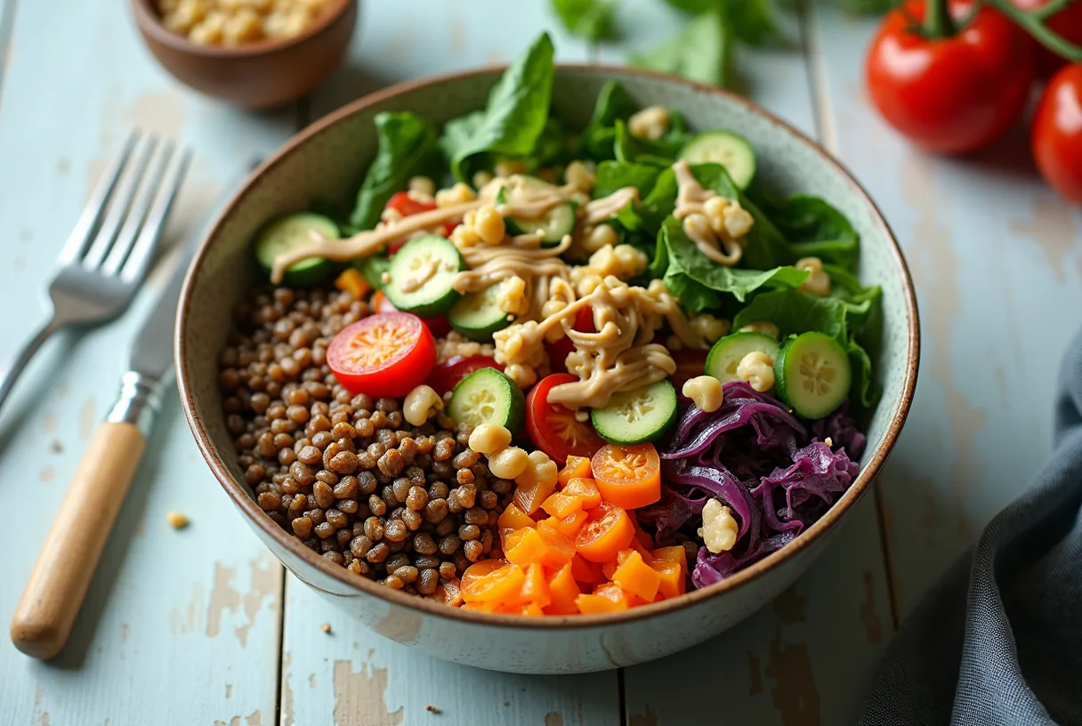 A white bowl filled with fluffy quinoa, cooked green lentils, roasted cubed sweet potato, charred broccoli, and red bell pepper on a bed of spinach, drizzled with creamy tahini dressing and topped with pumpkin seeds.