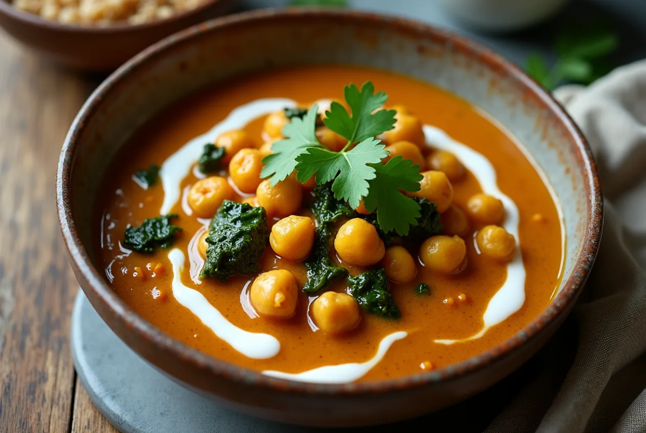 A bowl of chickpea and spinach curry with a swirl of coconut milk and cilantro