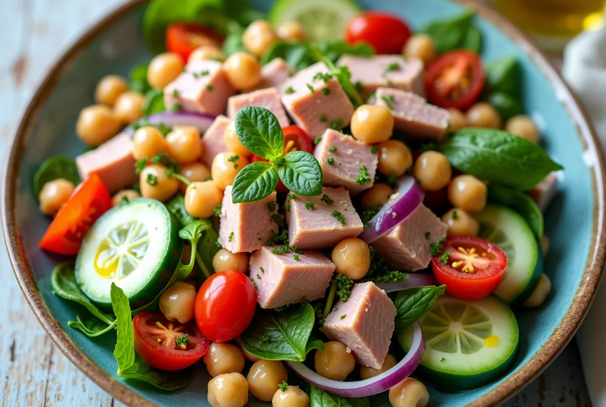 A white bowl of chickpea and tuna salad with halved cherry tomatoes, diced cucumber, red onion, Kalamata olives, and chopped parsley, glossy with olive oil.