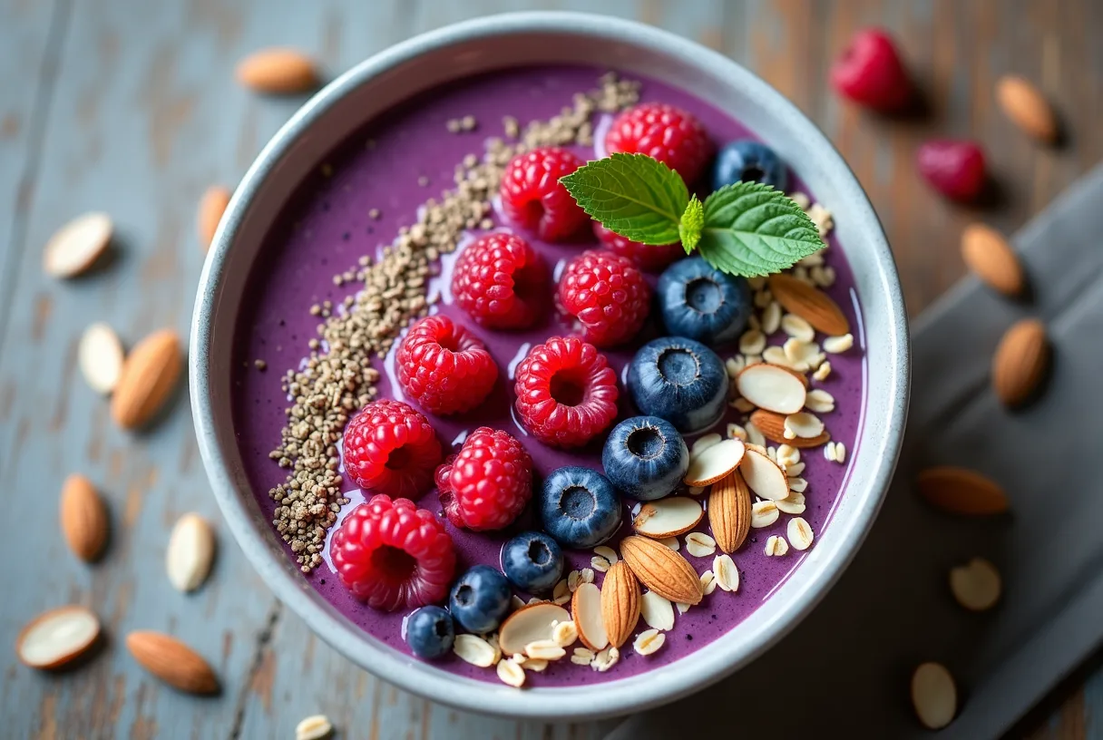 A thick purple-pink berry smoothie bowl in a pale ceramic bowl, topped with fresh blueberries and raspberries, chopped walnuts, hemp seeds, and shredded coconut, with a spoon resting on the rim on a bright kitchen counter.