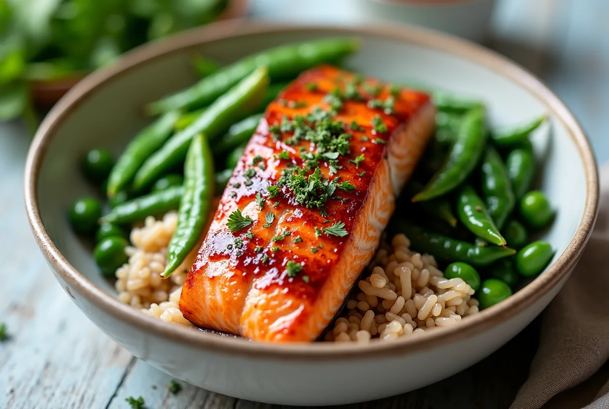 A broiled miso-glazed salmon fillet on brown rice with shelled edamame, wilted spinach, cucumber slices, and scallions in a ceramic bowl, garnished with sesame seeds and a lime wedge.
