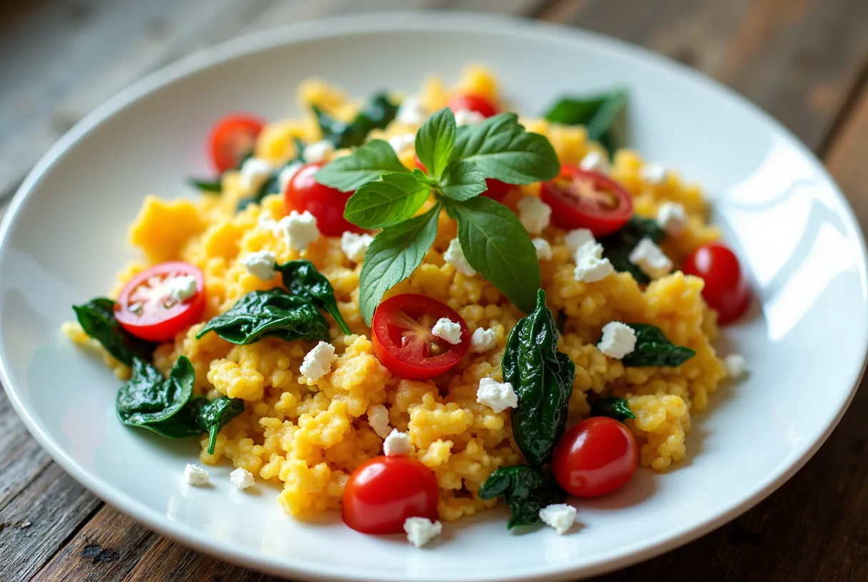 A cast-iron skillet of soft-scrambled eggs studded with wilted spinach, diced red bell pepper, and sliced mushrooms, topped with crumbled white feta and fresh dill, with lemon wedges resting on the side.