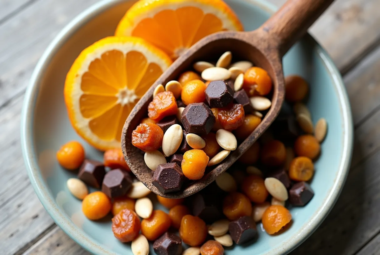 A small bowl of trail mix with green pumpkin seeds, sunflower seeds, quartered dried apricots, and dark chocolate chunks, with fresh peeled orange segments arranged beside it on a light surface.