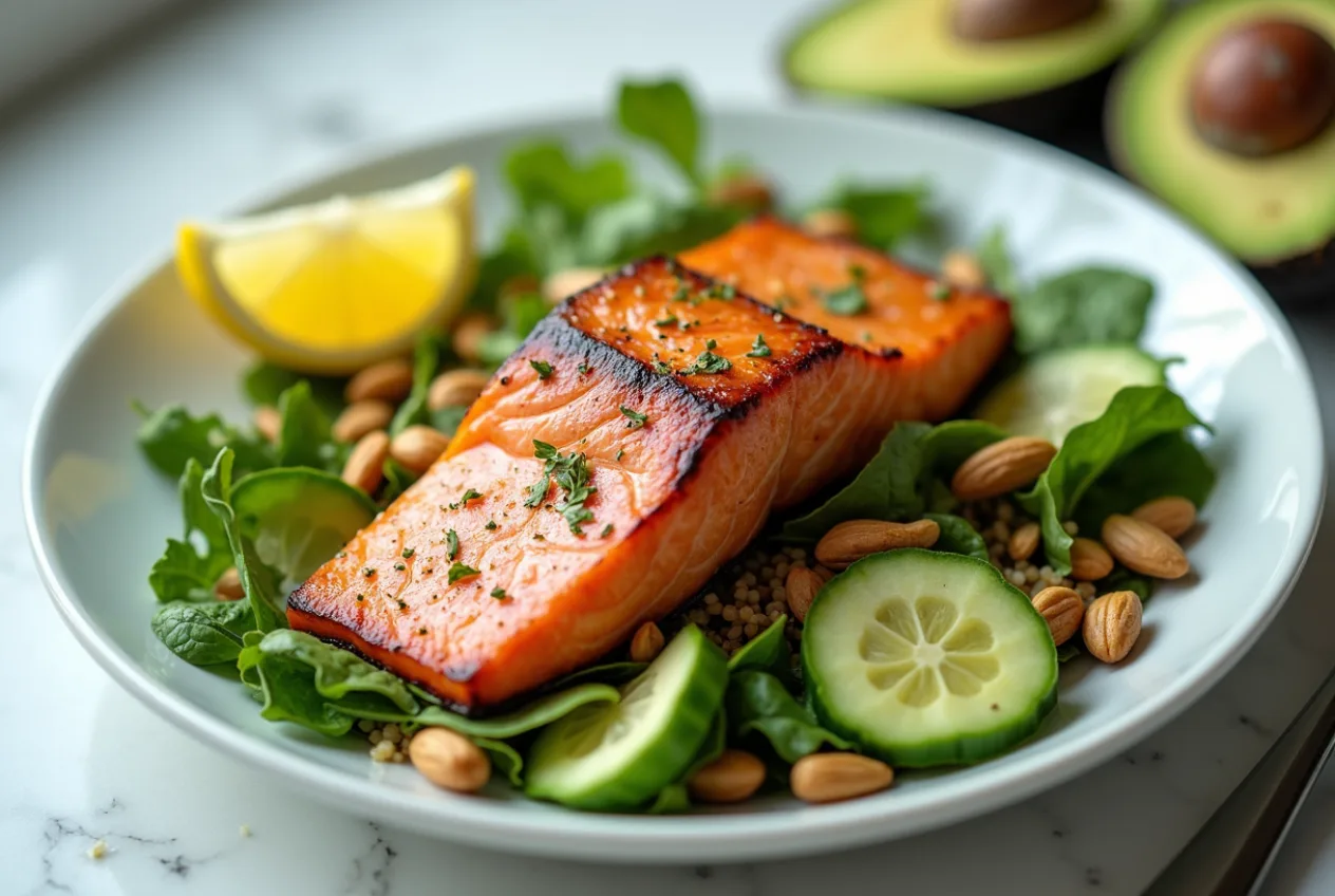 A salad with seared salmon, mixed greens, quinoa, avocado and Brazil nuts