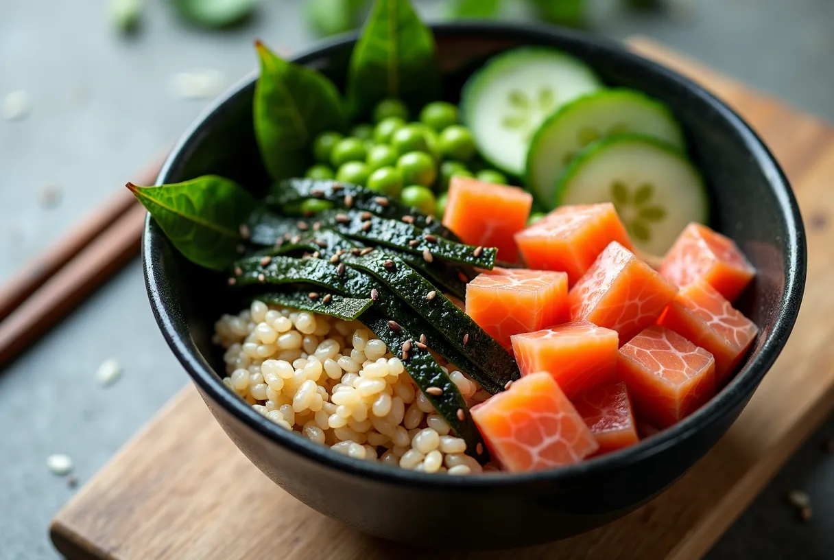A poke bowl of cubed raw salmon over brown rice with shelled edamame, sliced avocado, thin cucumber rounds, strips of dark nori seaweed, green onion, and sesame seeds in a light ceramic bowl.